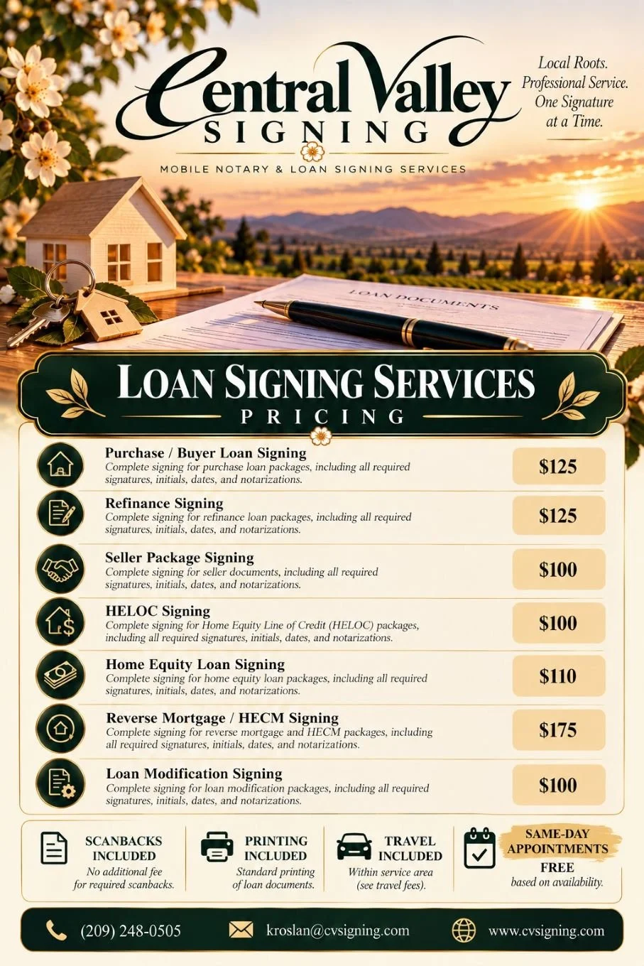 A flyer for Central Valley Signing lists mobile loan signing pricing in Modesto, CA, contacts, and icons for notary, printing, and travel.