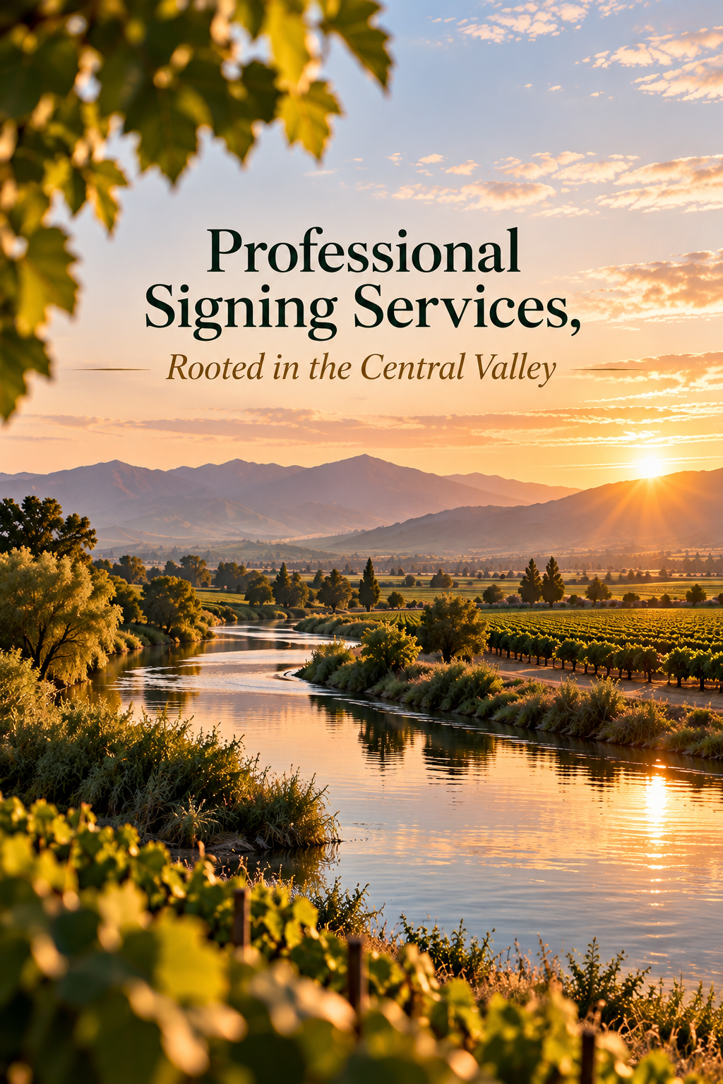 Sunset over a river in the Central Valley with mountains and vineyards, and text promoting professional signing services rooted in the Central Valley.