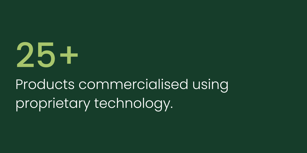 Green background with text indicating over 25 products commercialized using proprietary technology.