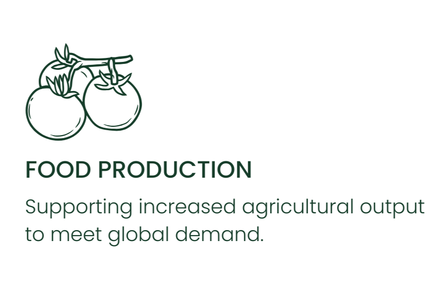 Illustration of ripe tomatoes on a vine with green leaves, positioned above the text about food production and supporting increased agricultural output to meet global demand.