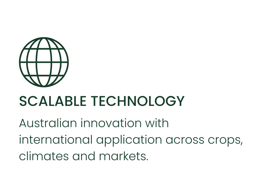 Logo with a globe and the text 'Scalable Technology' and 'Australian innovation with international application across crops, climates and markets.'