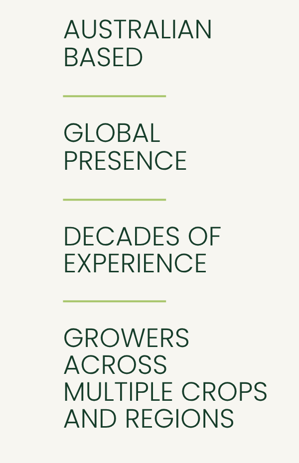 Text on a light background that reads, "Australian Based, Global Presence, Decades of Experience, Growers Across Multiple Crops and Regions."