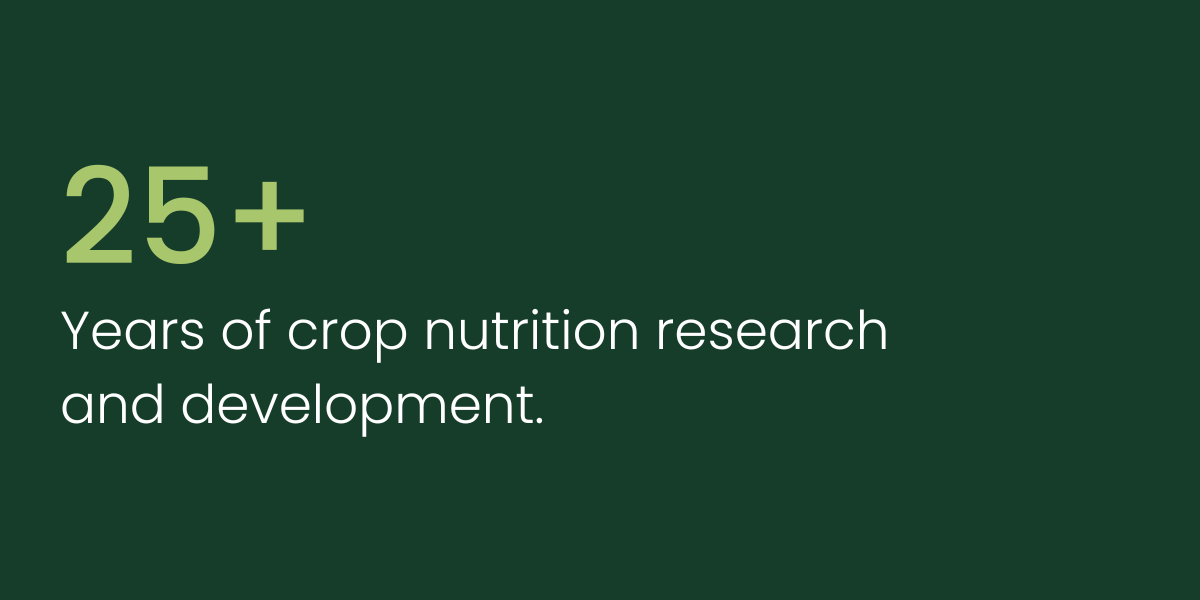 Green background with text stating "25+ Years of crop nutrition research and development."