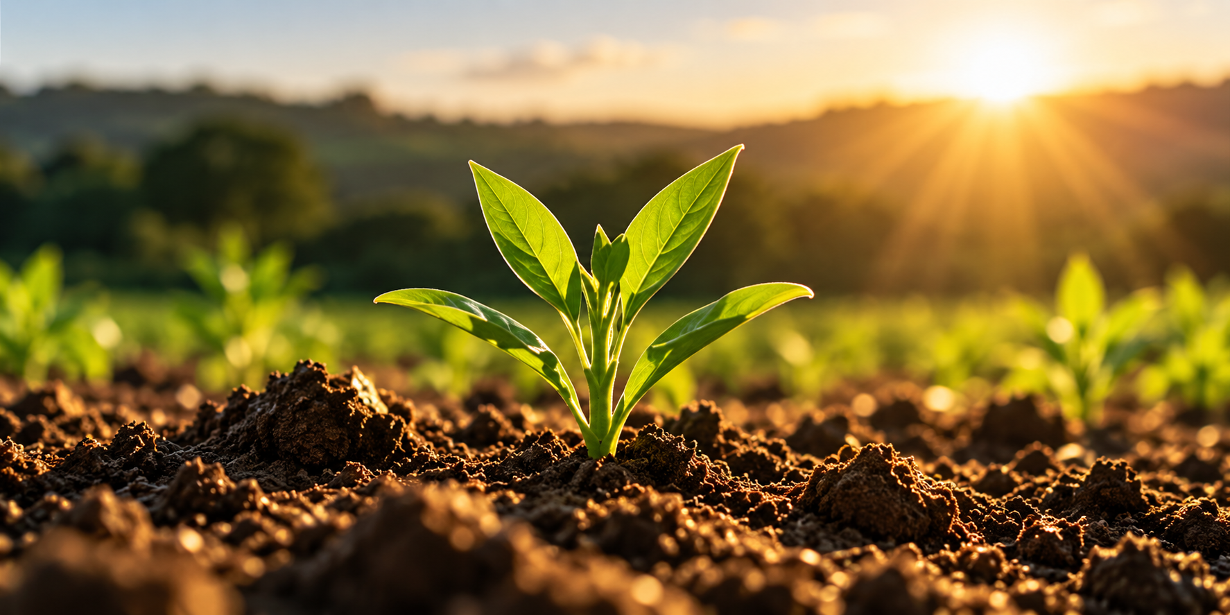 A young green plant growing in dark, rich soil at sunset with a blurred background of more plants and hills.