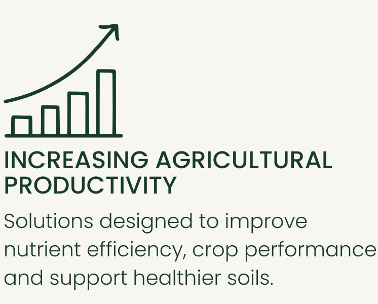 Graph showing increasing agricultural productivity with bars rising from left to right and an upward arrow, accompanied by text about solutions to improve nutrient efficiency, crop performance, and healthier soils.