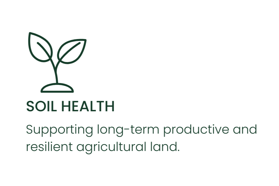 Icon of a sprouting plant above the text 'SOIL HEALTH', with a description about supporting long-term productive and resilient agricultural land.