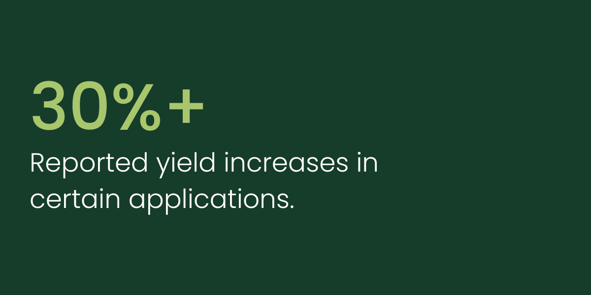 Green infographic with large text stating "30%+" and smaller text reading "Reported yield increases in certain applications."