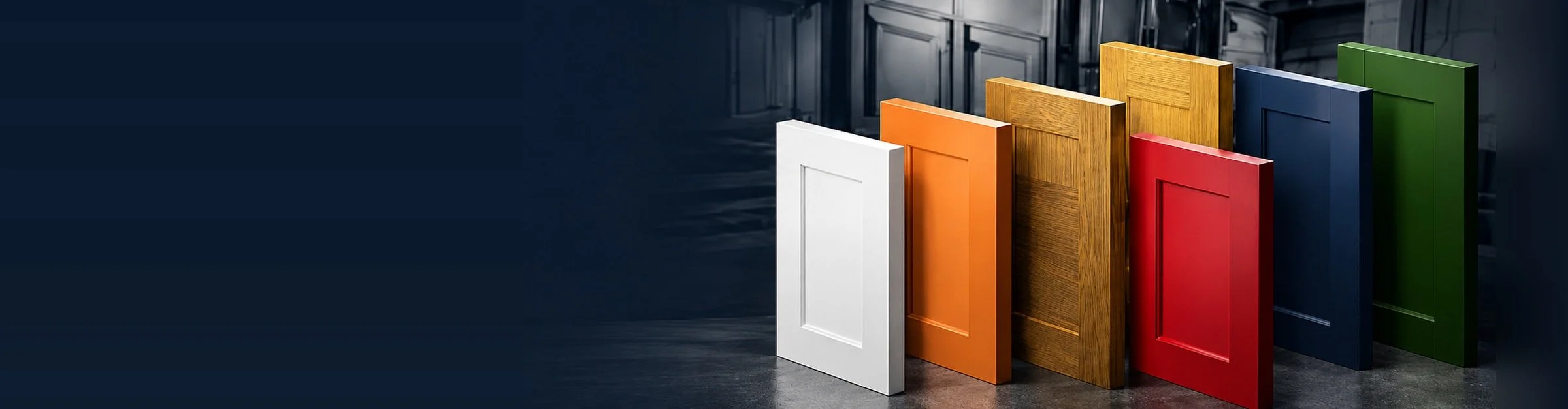 Four panelled door samples standing in a row, finished in white, orange, stained timber and red