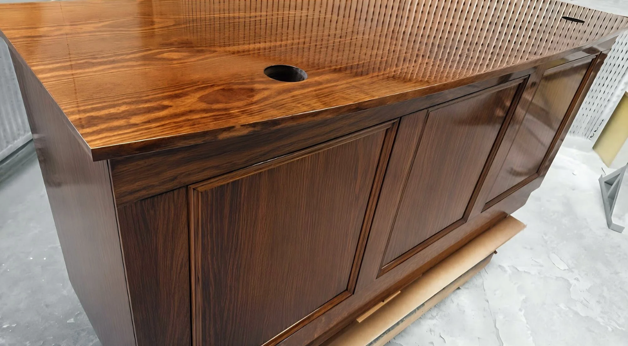 Stained timber sideboard with a glossy top