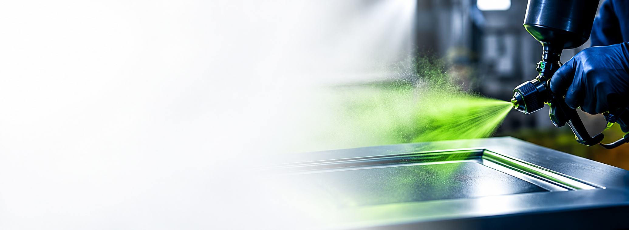 Spray finisher in a spray booth applying lime-green spray to timber panel doors