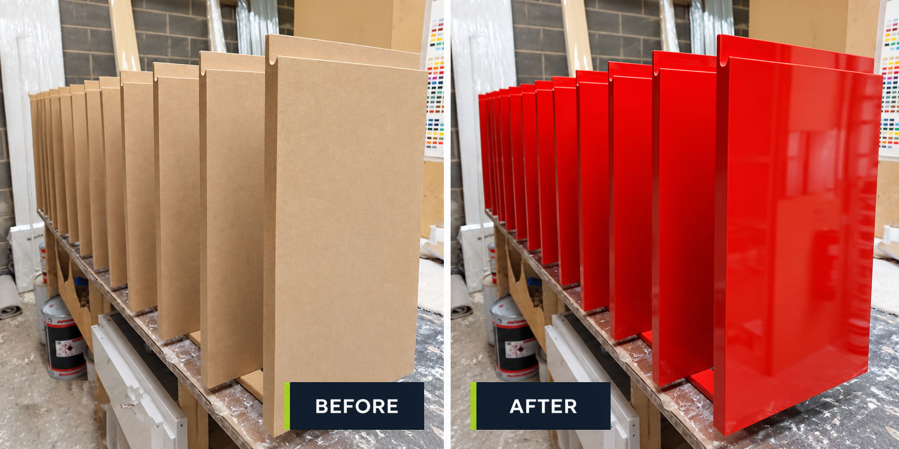 Before and after: a row of MDF panels on a rack, bare on the left and sprayed in high-gloss red on the right