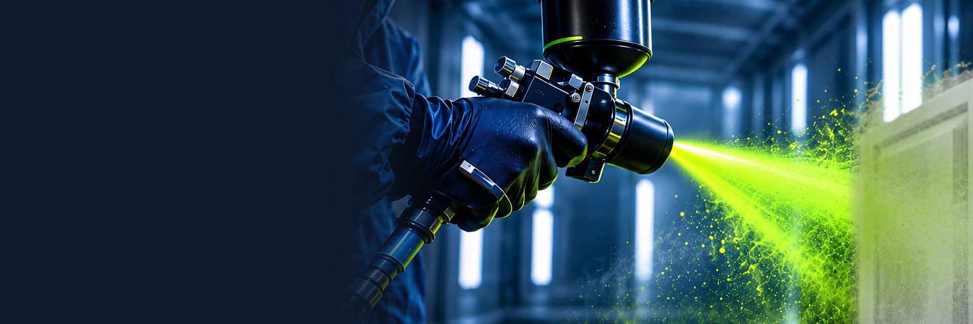 Gloved hand holding a spray gun applying a lime-green spray in a spray booth