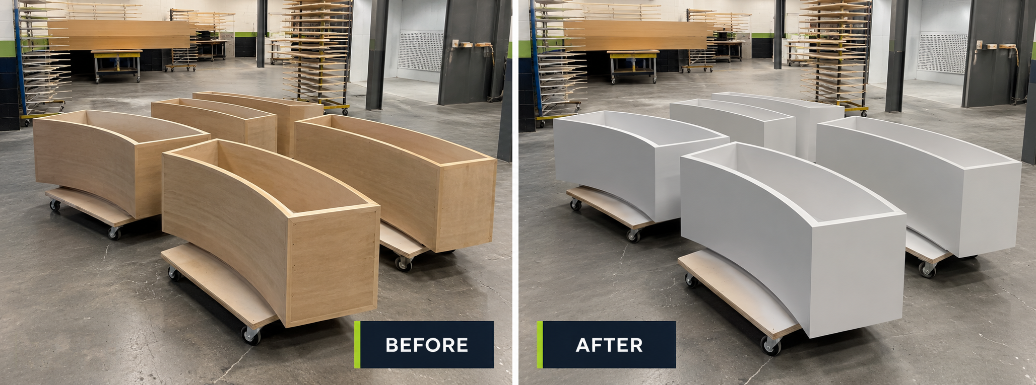 Before and after: five curved timber planters on wheeled bases, bare wood on the left and sprayed smooth white on the right