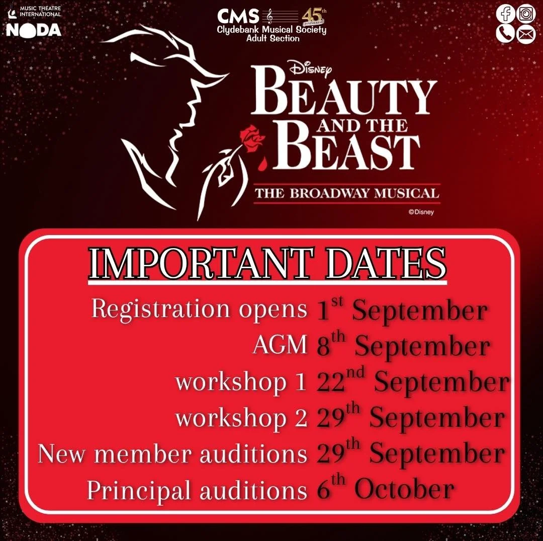 🌹 Adult Section Important Dates 🌹

Registration opens a week today, Tuesday 1st September, with our Beauty and the Beast workshops beginning on Tuesday 22nd September!

We&rsquo;d love new members to join us. Save the dates and come along! 🏰