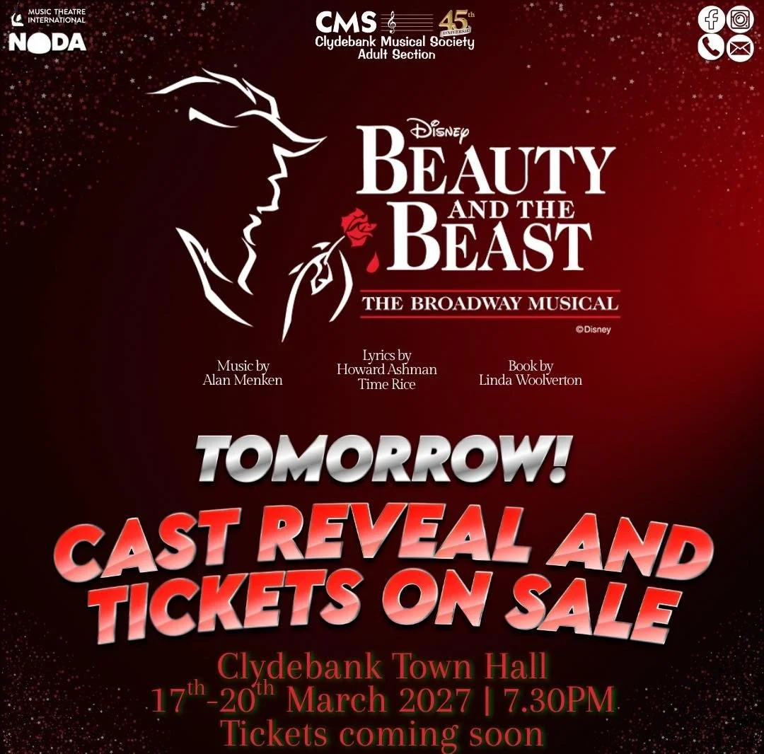 The countdown is on! ✨ Tomorrow we&rsquo;ll reveal the cast of Beauty and the Beast, and tickets will go on sale too. As we celebrate 45 years of Clydebank Musical Society, we can&rsquo;t wait to share this magical show with you! 🌹

🎭 Clydebank Tow