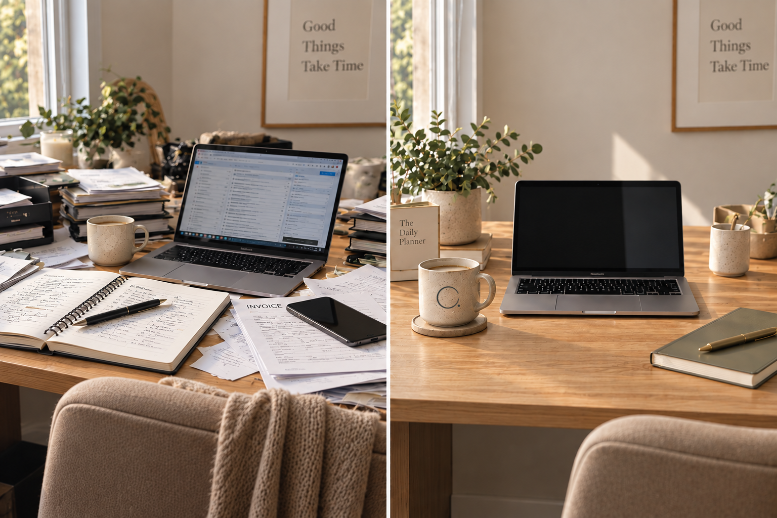 Image split in two showing two different workspaces. The left workspace has a cluttered desk with a laptop showing an email inbox, a notebook, scattered papers, a smartphone, a cup of coffee, and a pen. The background has plants, a window, and framed artwork. The right workspace has a cleaner desk with a closed laptop, a coffee cup on a coaster, a small plant, a closed notebook with a pen, and a book titled 'The Daily Planner.' The background is simpler with plants, books, and natural light.