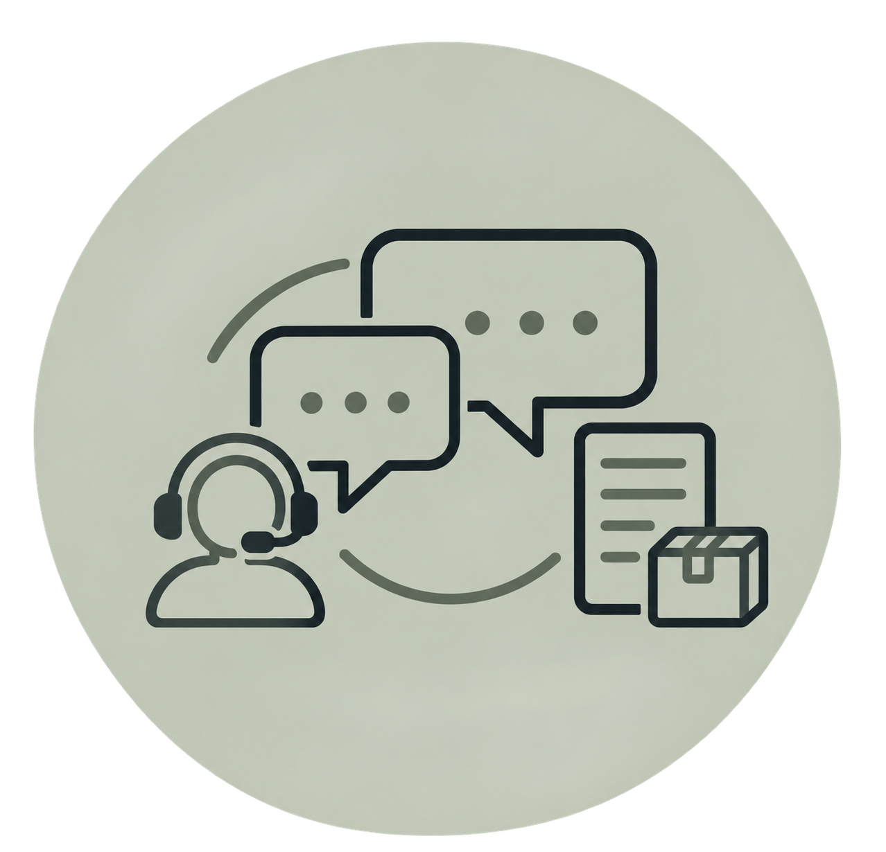 Icon of a customer service representative with a headset, speech bubbles indicating conversation, a smartphone, and a package, symbolizing customer support and communication.