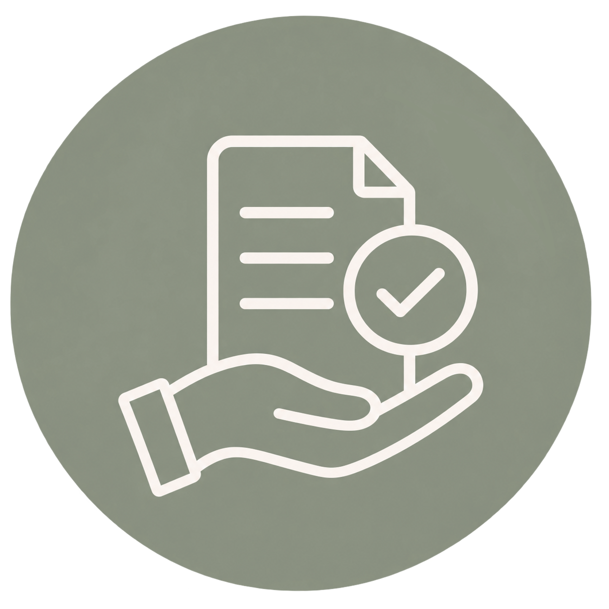 CLEARED. Business Support.  Outline icon of a hand holding a document with a checkmark, symbolizing approval or verification.