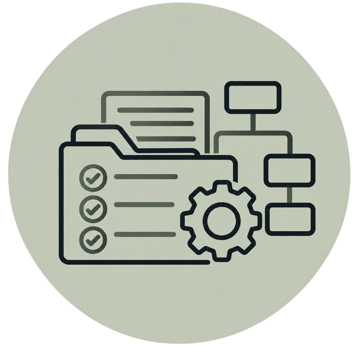 Outline of a file folder with checkmarks, a gear, and a flowchart, representing process management or workflow automation.