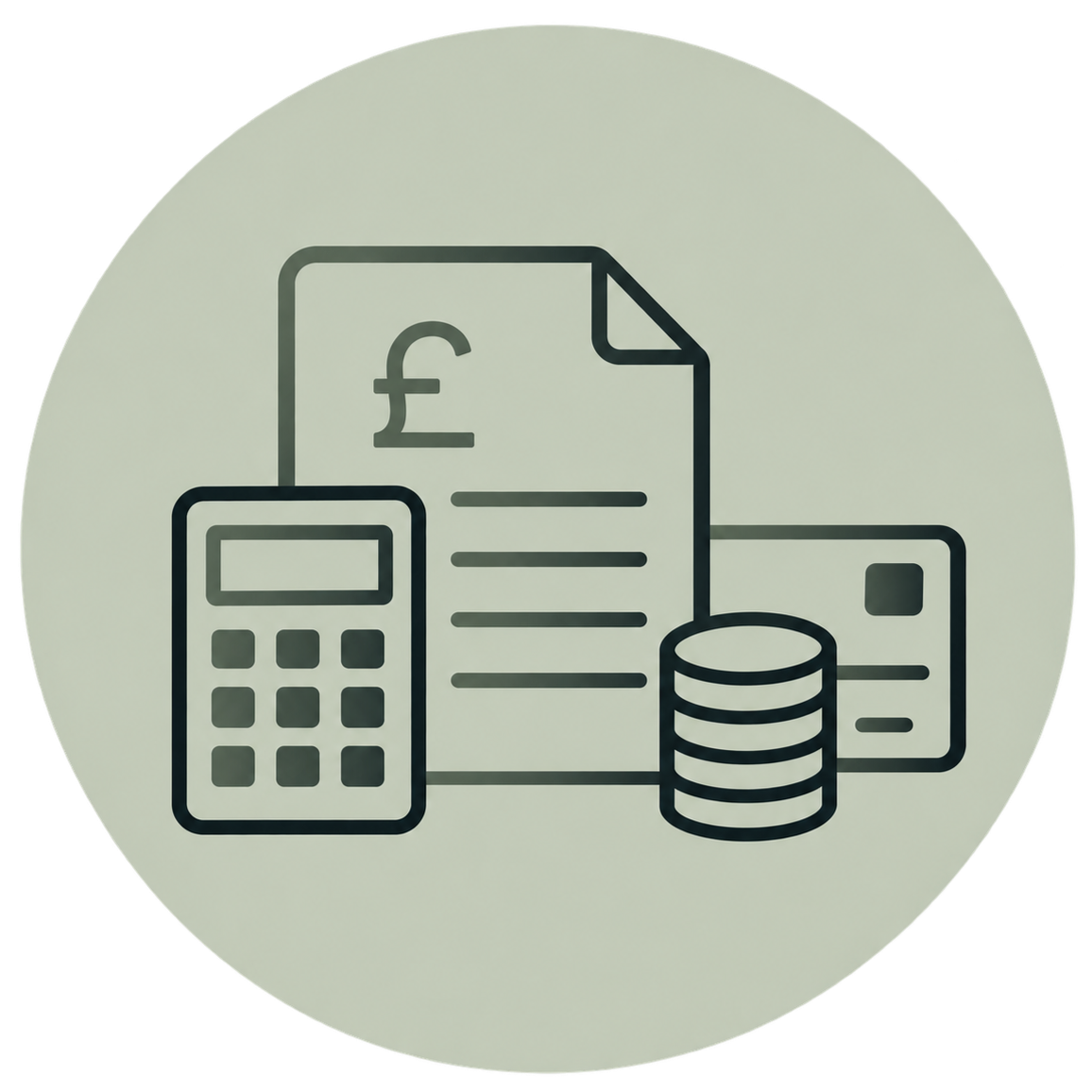 Financial documents, a calculator, coins, and a credit card, representing money management or accounting.