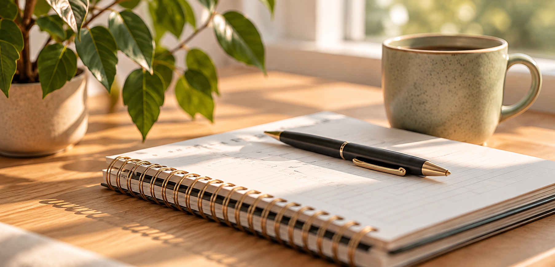 CLEARED. Business Support.  A desk with a potted plant, an open planner with handwritten notes, a black and gold pen, and a mug of coffee, lit by natural sunlight from a nearby window.