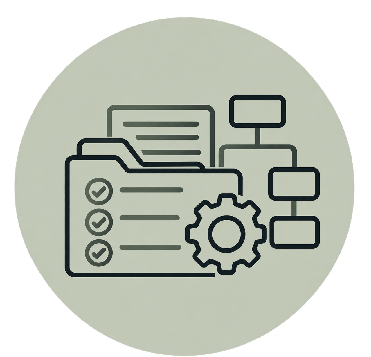 Line drawing of a project management or workflow diagram with a checklist, a gear icon, and flowchart boxes.