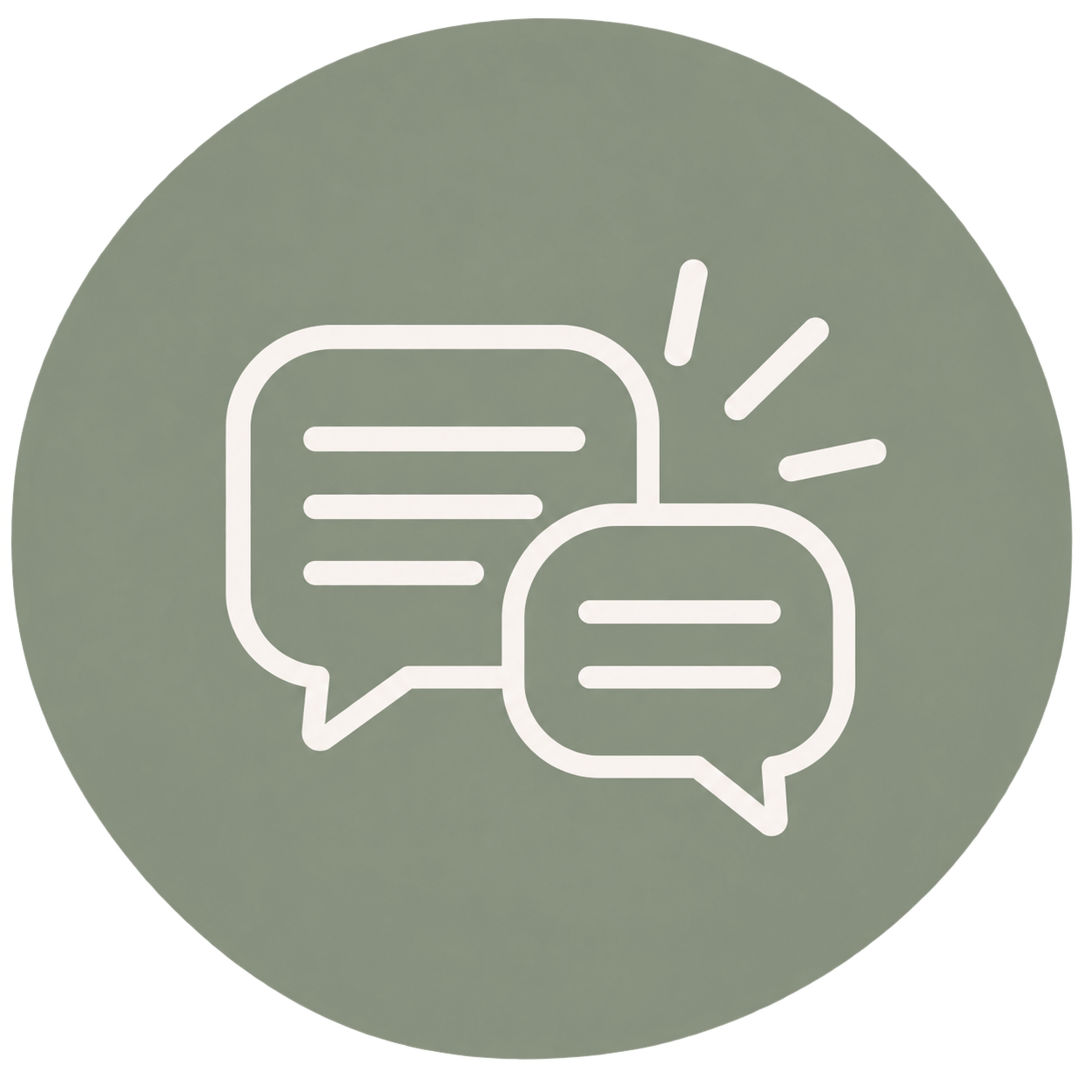 CLEARED. Business Support.  Icon of two speech bubbles, one larger and one smaller, with lines representing text, on a gray circular background.