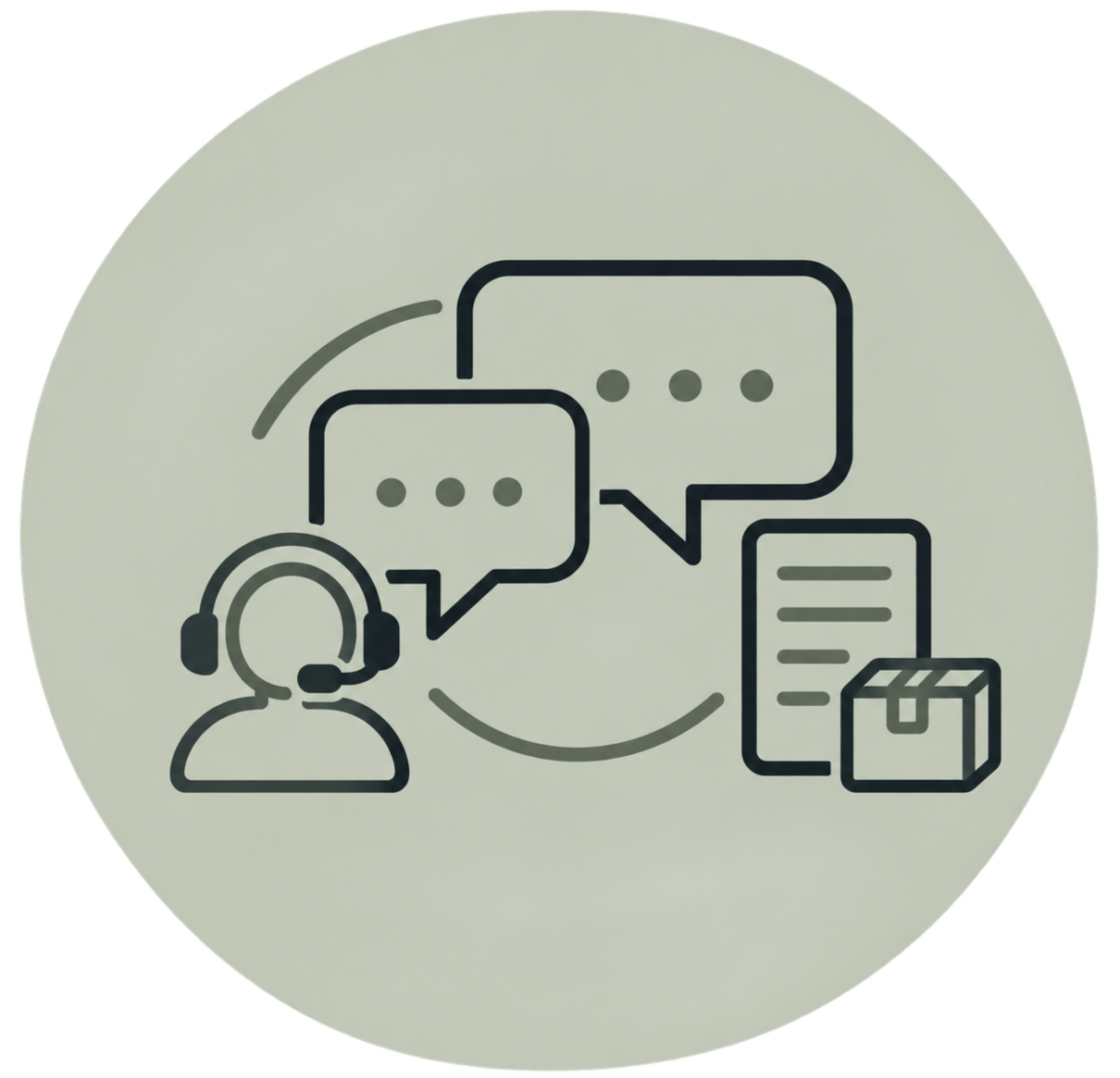 Icon illustration of customer service: a person with a headset, speech bubbles, a mobile device, and a package, representing communication and support.