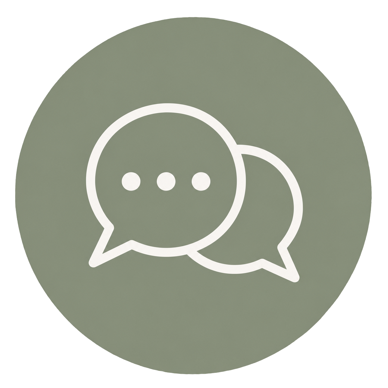 Two overlapping speech bubbles with three dots inside each, representing chat or messaging, on a green circular background.
