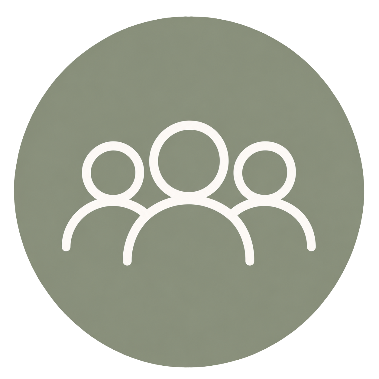 Icon of three people, with one larger figure in the center and two smaller figures on either side, on a green circular background.