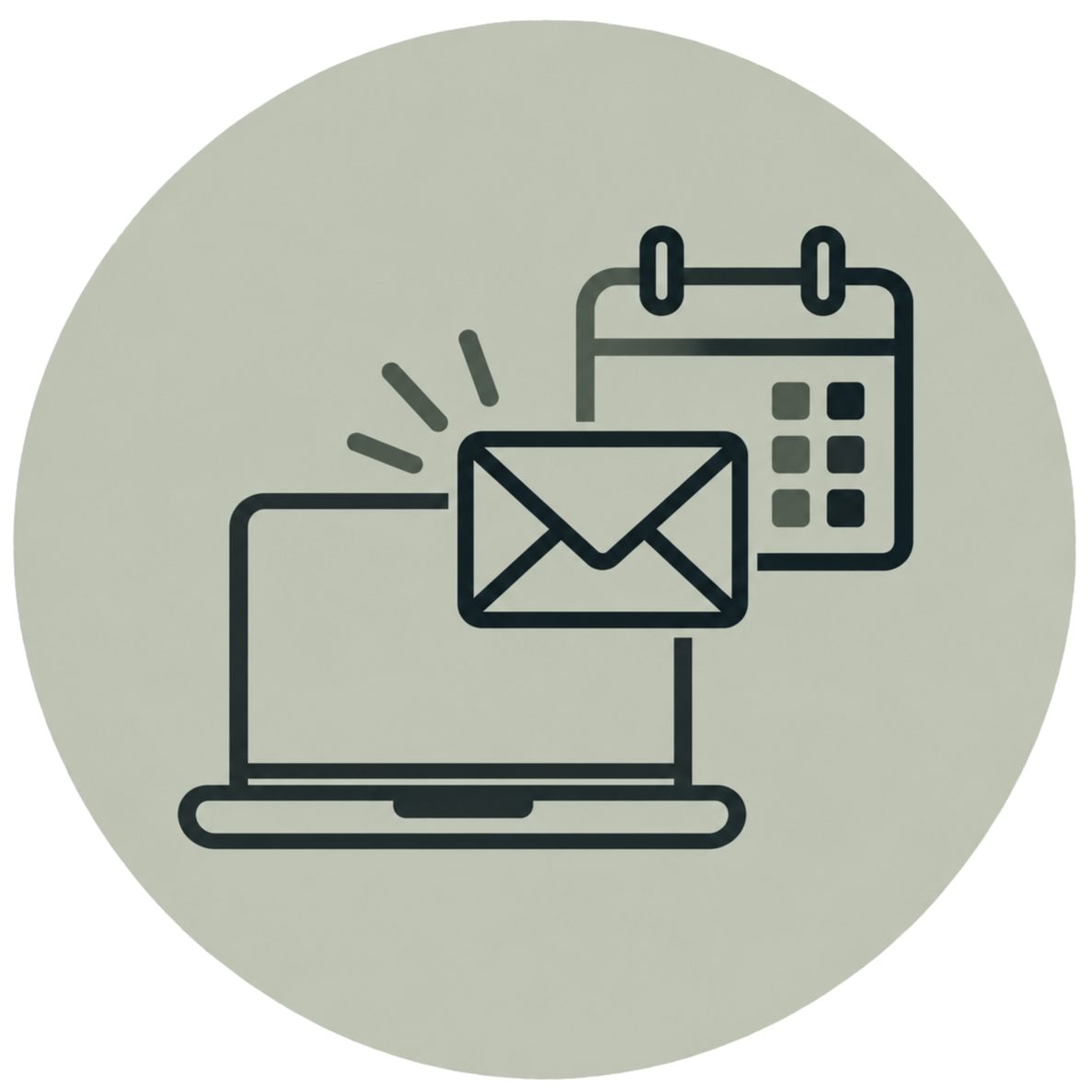 Schedule, email, laptop, and notification icons on a light background.