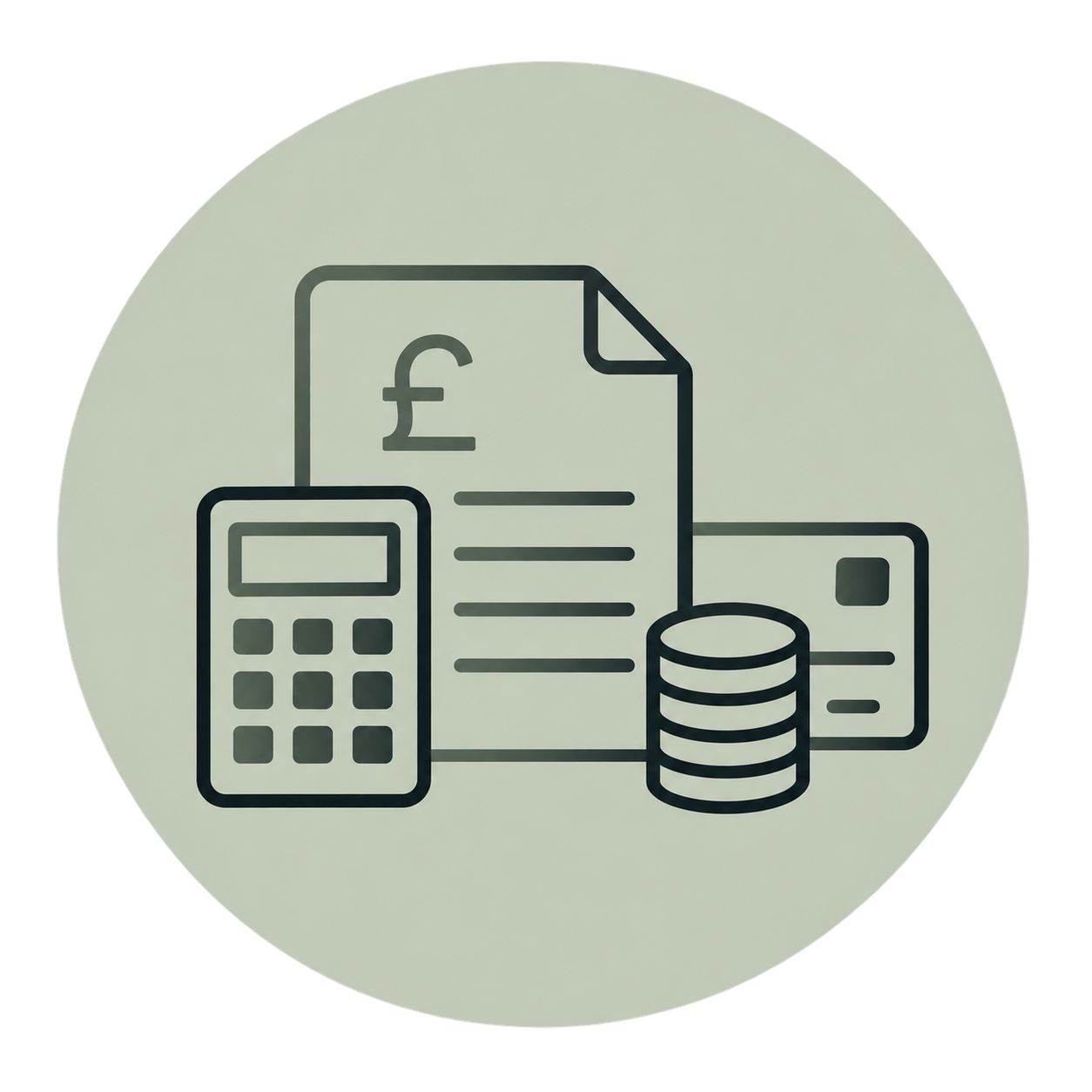 Line art icon of financial documents, a calculator, coins, and a credit card.