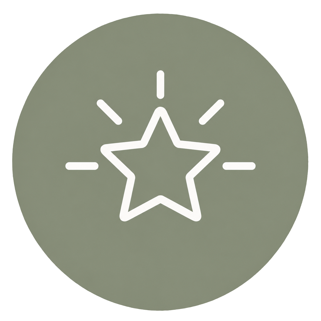 Grey circular icon with a white outline of a star in the center, surrounded by small lines indicating radiance or emphasis.