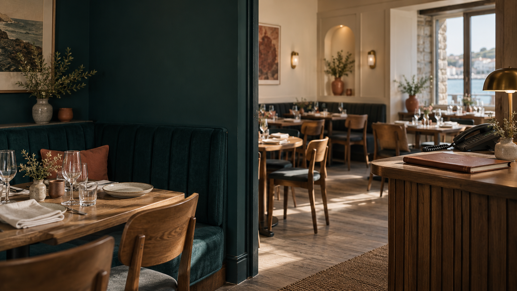 Salle de restaurant aux tons bois et vert profond — illustration d’ambiance AutomIAbzh