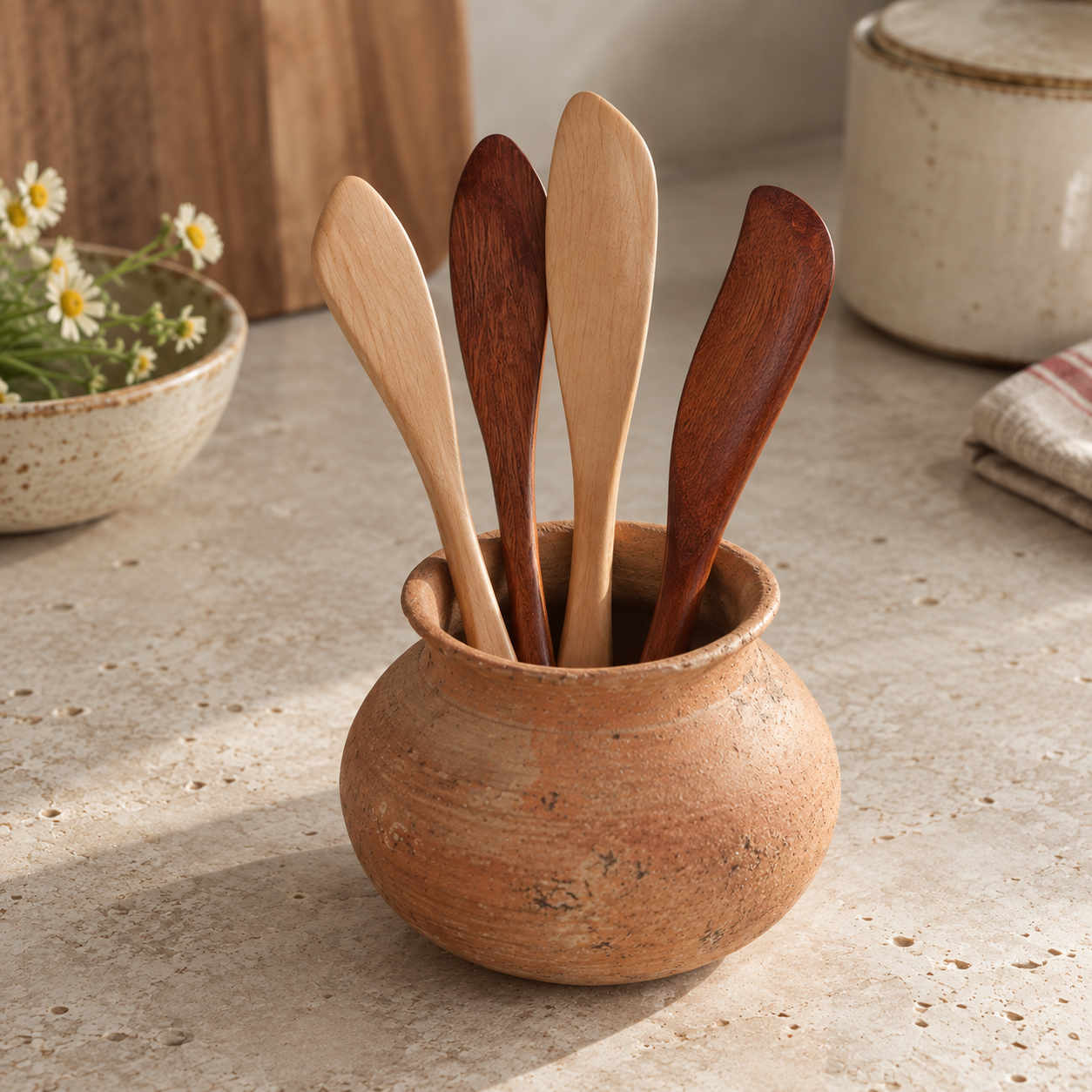 Wooden jam and cheese spreaders in light and dark wood, displayed on a ceramic plate on a stone tabletop.