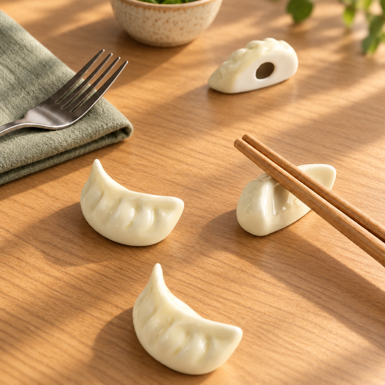 Ivory ceramic dumpling-shaped chopstick rests displayed on a warm wooden table in natural sunlight.