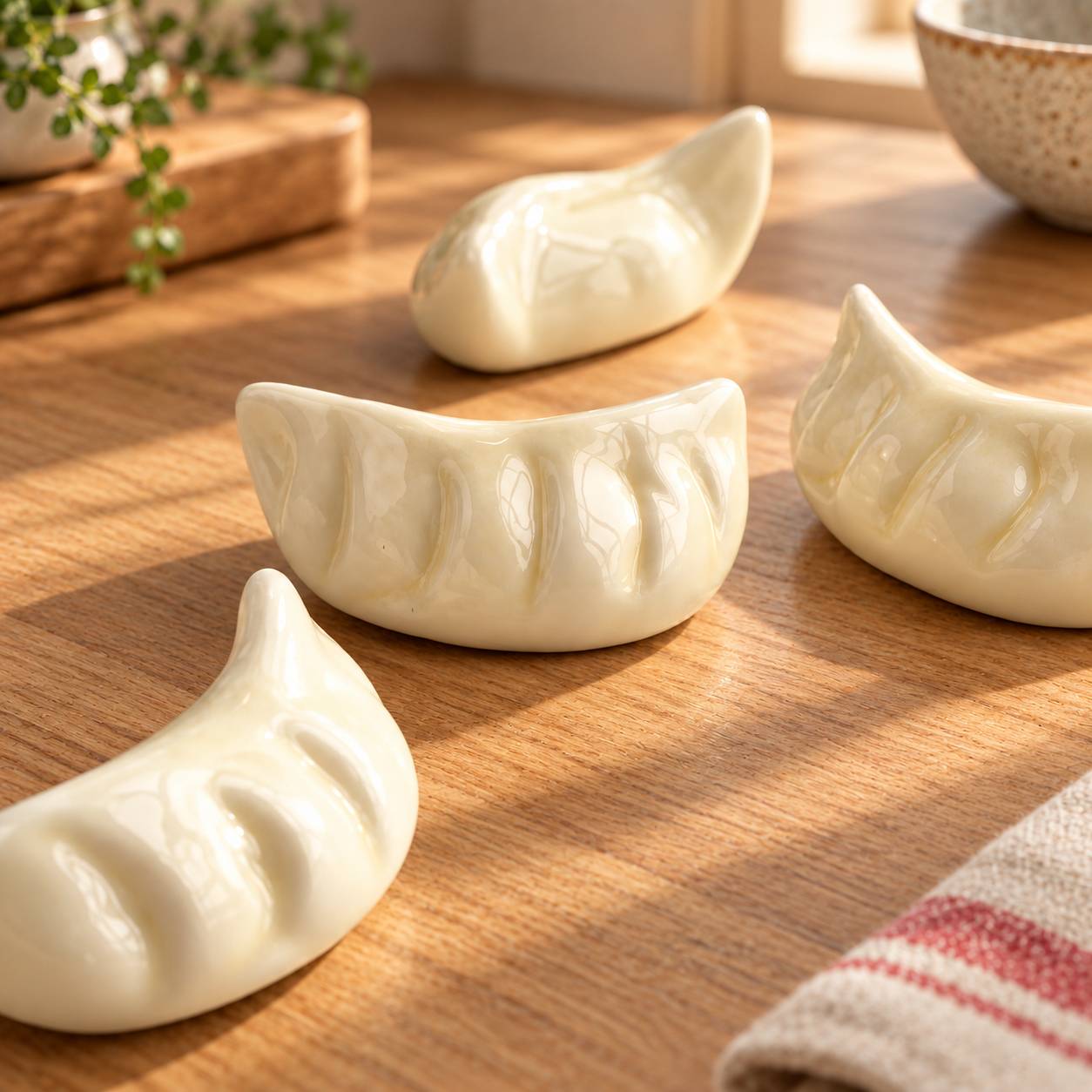 Ivory ceramic dumpling-shaped chopstick rests displayed on a warm wooden table in natural sunlight.