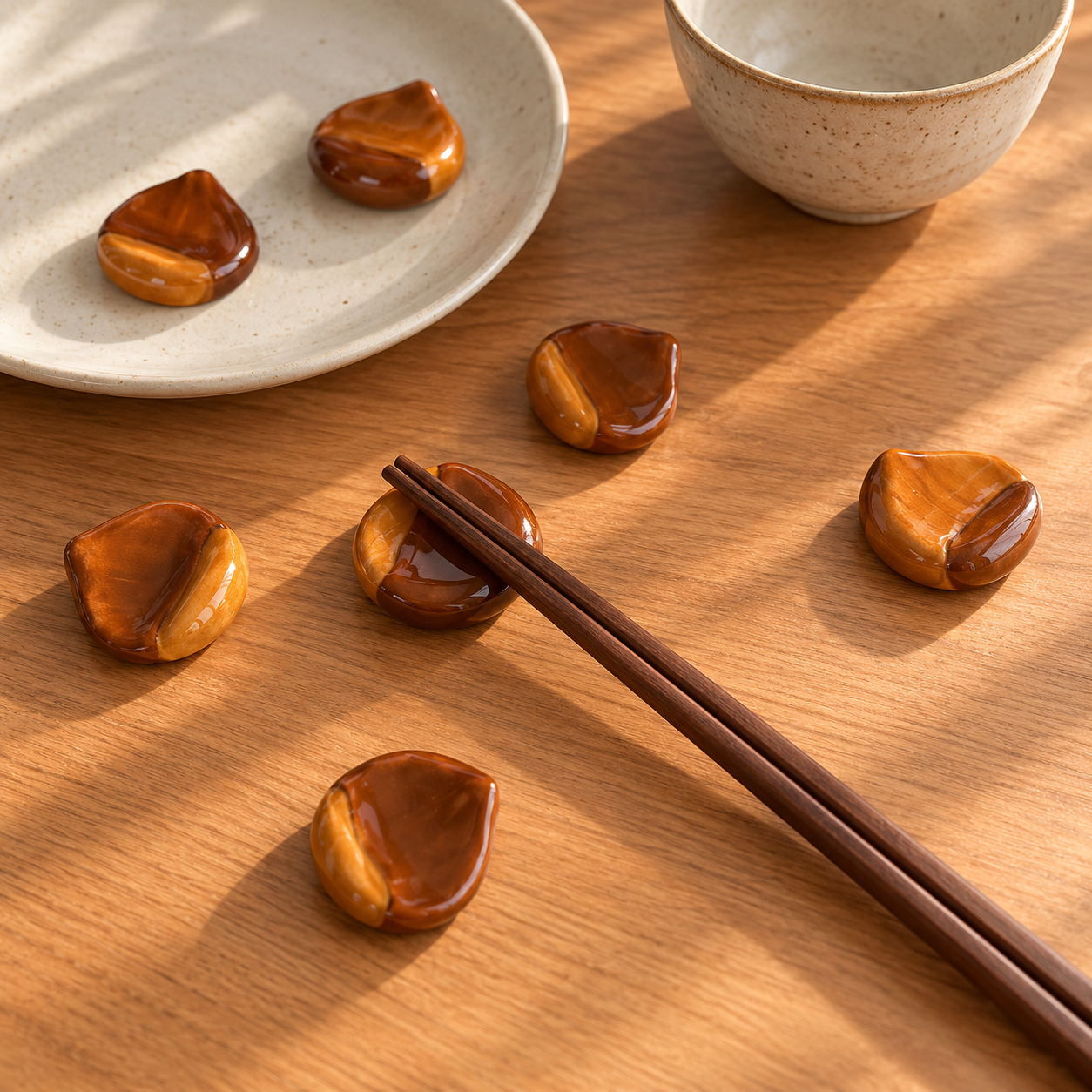 Amber brown ceramic chestnut-shaped chopstick rests displayed on a warm wooden table.