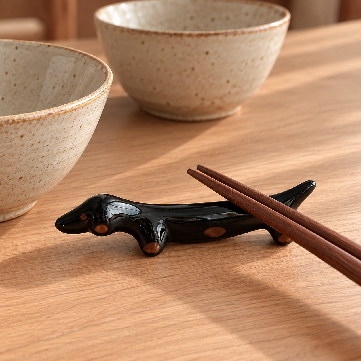 Black ceramic dachshund-shaped chopstick rest with dark wooden chopsticks on a light wood table.