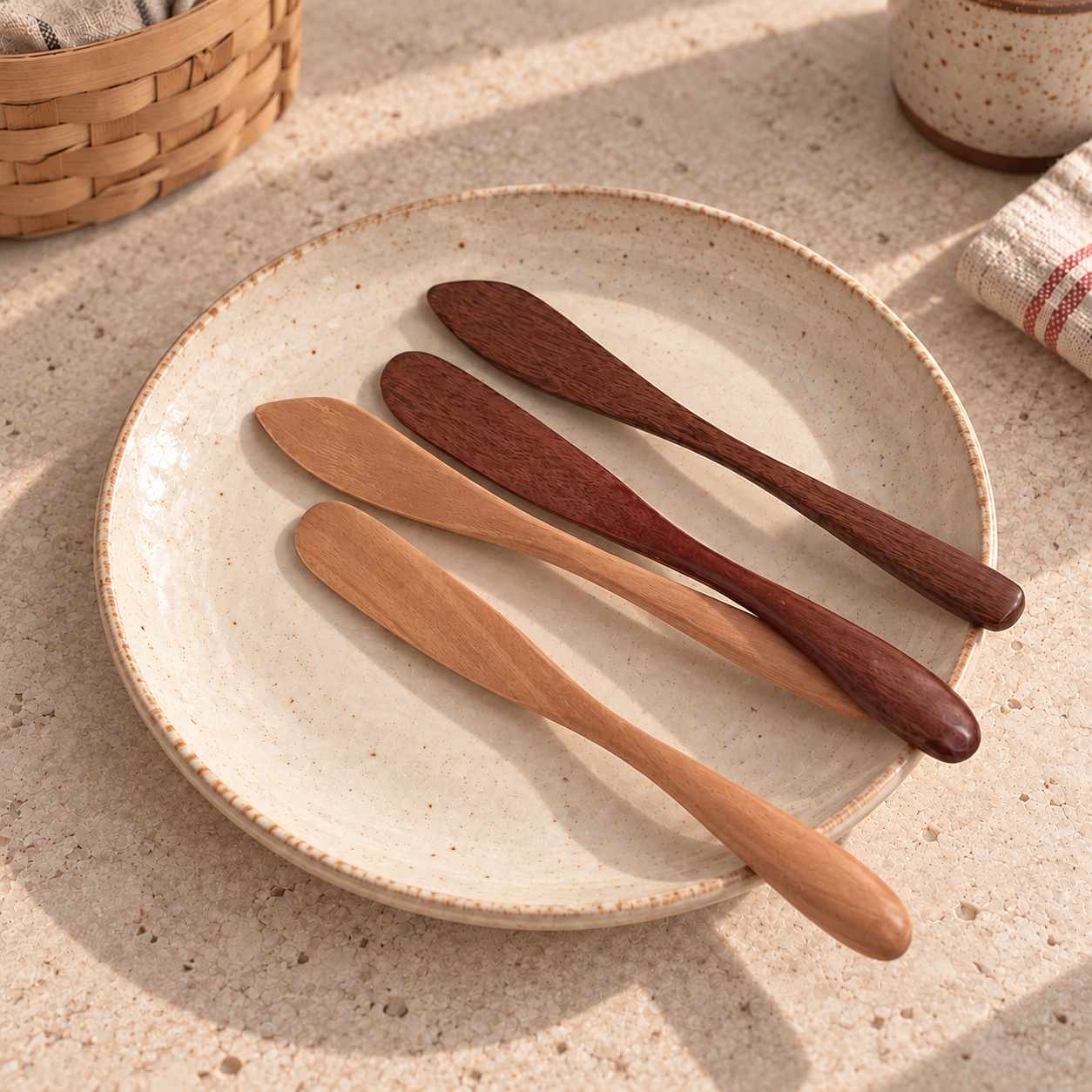 Wooden jam and cheese spreaders in light and dark wood, displayed on a ceramic plate on a stone tabletop.