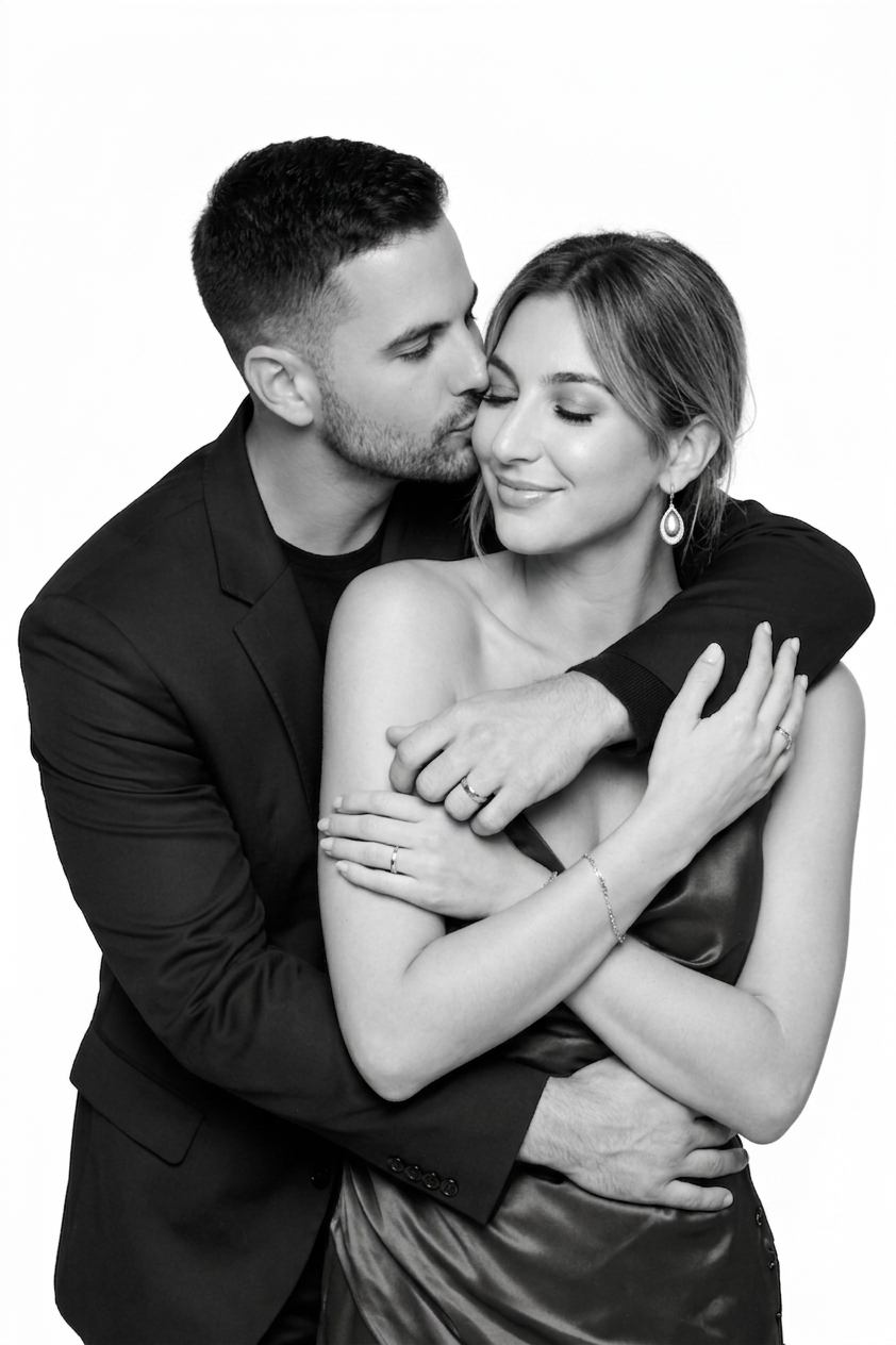 A black and white photo of a couple embracing. The man is kissing the woman's cheek, and she has a gentle smile with her eyes closed. The man has short hair and a beard, wearing a suit, and the woman has shoulder-length hair, wearing earrings and a s