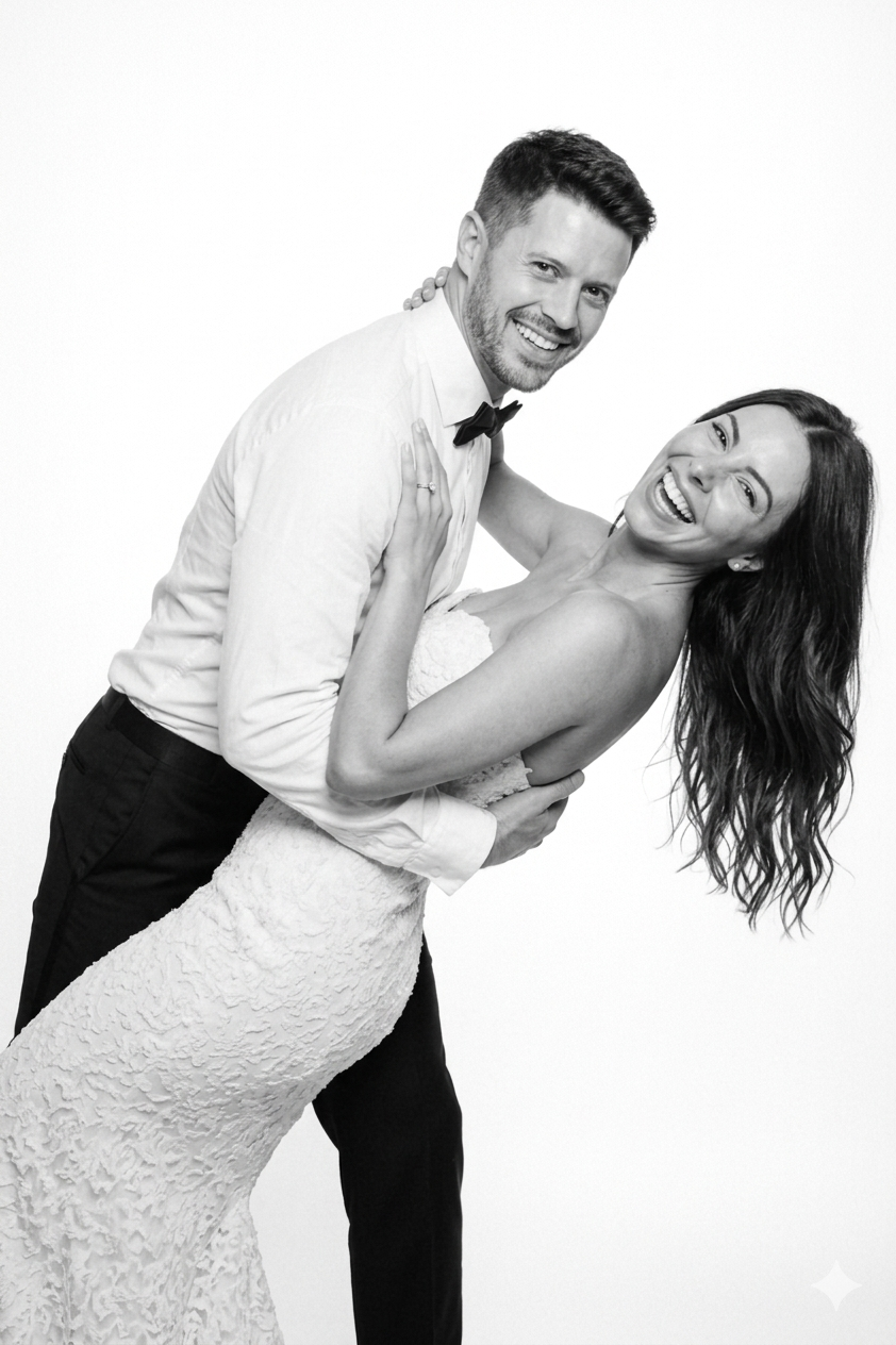 A black-and-white photo of a couple smiling, with the man in a tuxedo and the woman in a wedding dress, dancing or posing together.
