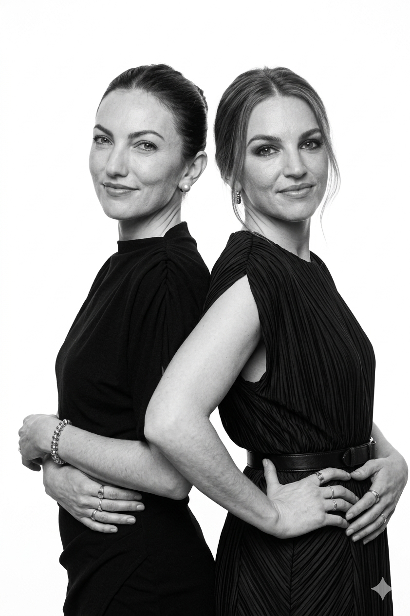 Two women standing back-to-back in black dresses, looking at the camera, with a plain white background.