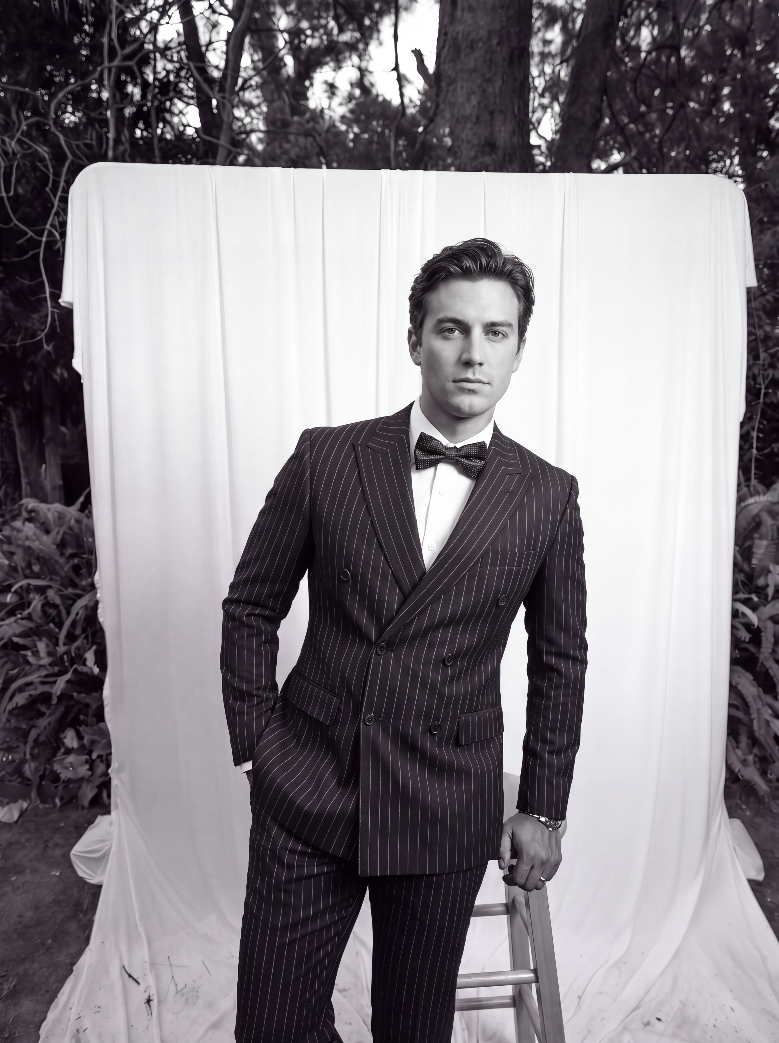 Black and white photo of a man in a pinstripe suit and bow tie standing next to a ladder, outdoors with trees in the background. A white sheet is draped behind him.