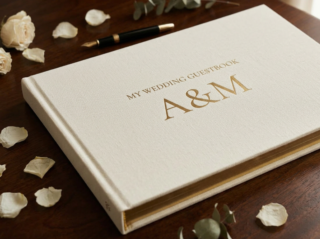 A white wedding guestbook with gold lettering that reads "My Wedding Guestbook A & M" on a wooden table, surrounded by white rose petals, a black pen with gold accents, and some greenery.