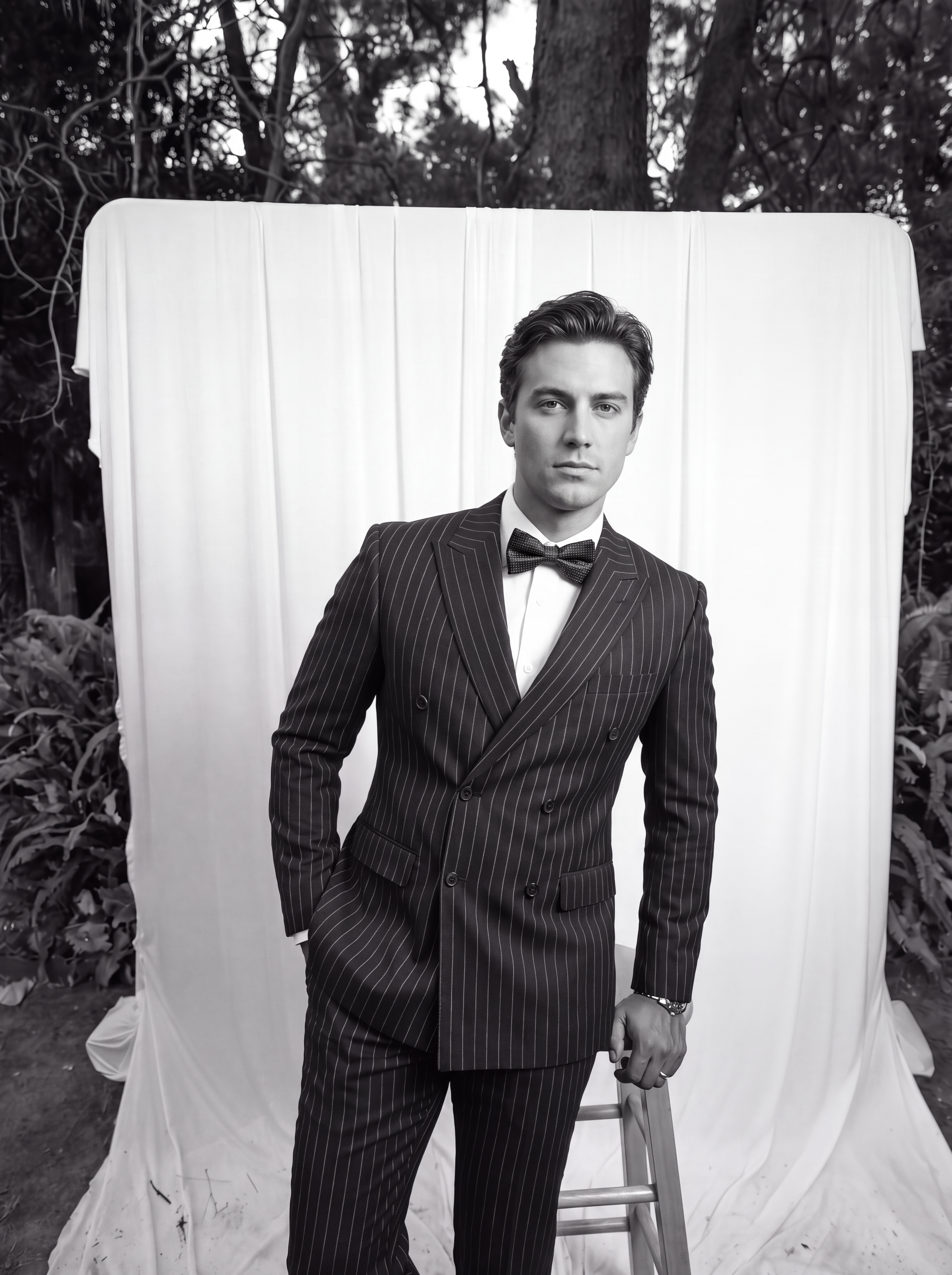 A young man in a pinstripe suit and bow tie standing in front of a white backdrop outdoors, with a ladder partially visible to his right, outdoors with trees and foliage in the background.