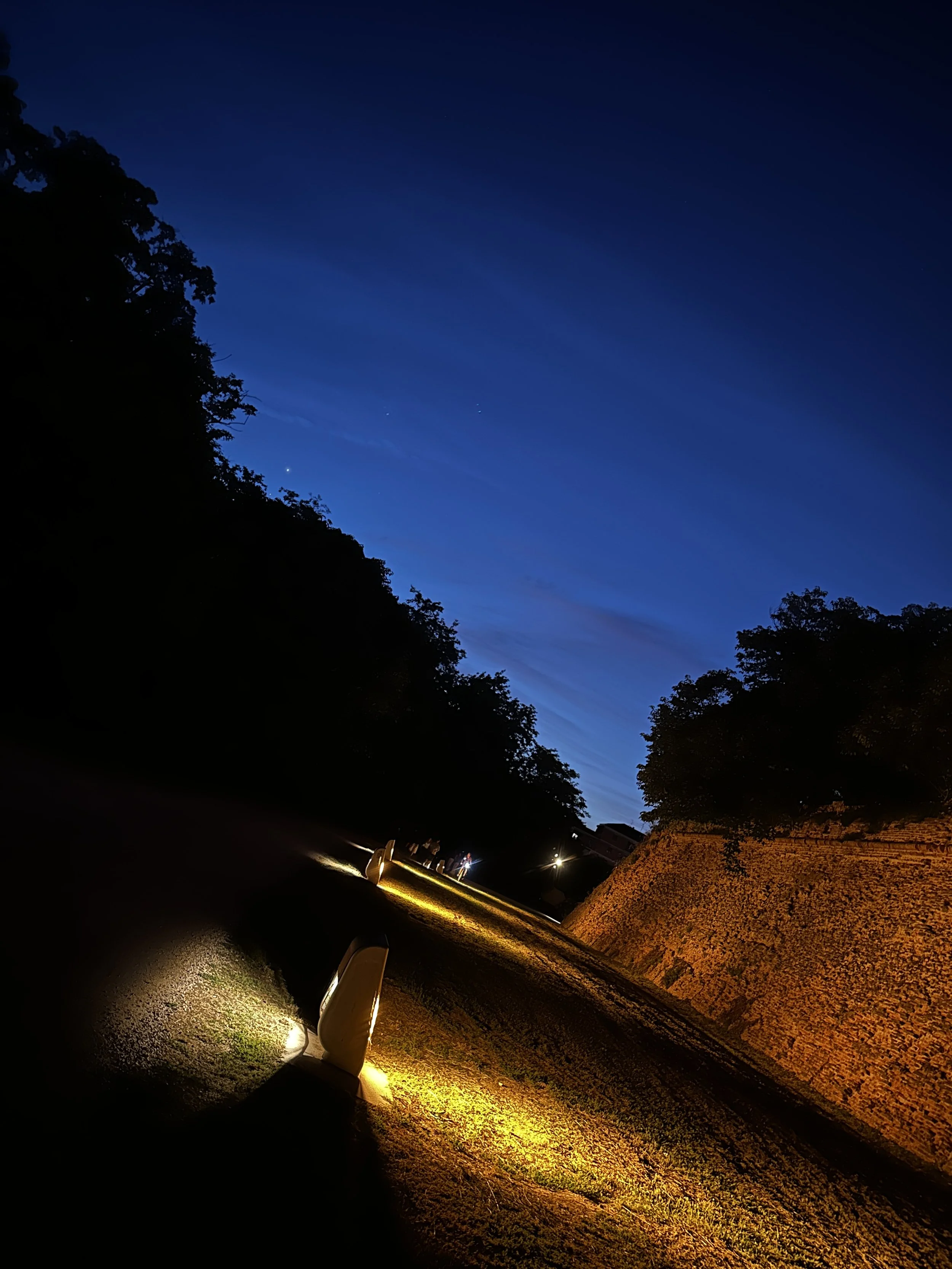 Mura di Ferrara di notte con le luci di alcune automobili che la percorrono, sullo sfondo il cielo azzurro scuro con alcune stelle visibili e alberi ai lati, uscita casa dell'ortolano