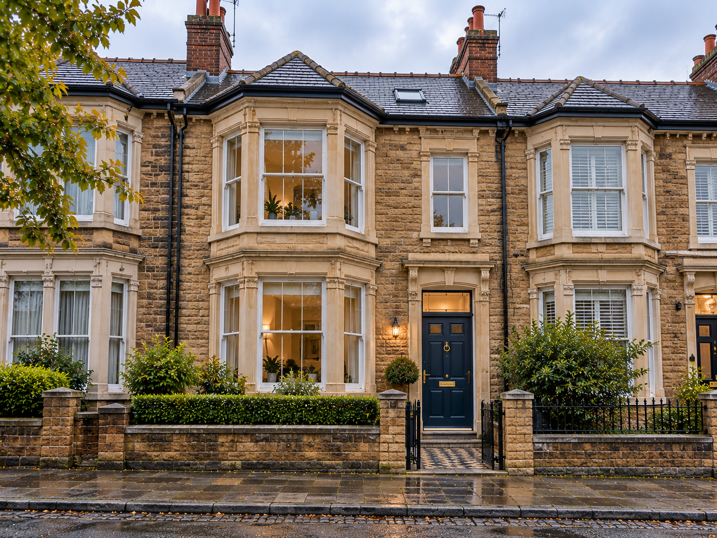 Rainy Victorian Terrace with Warm Lights.png