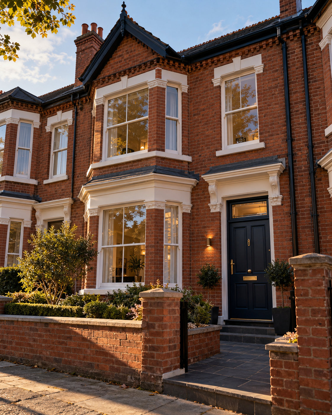 Sunlit British Brick Townhouse Facade.png
