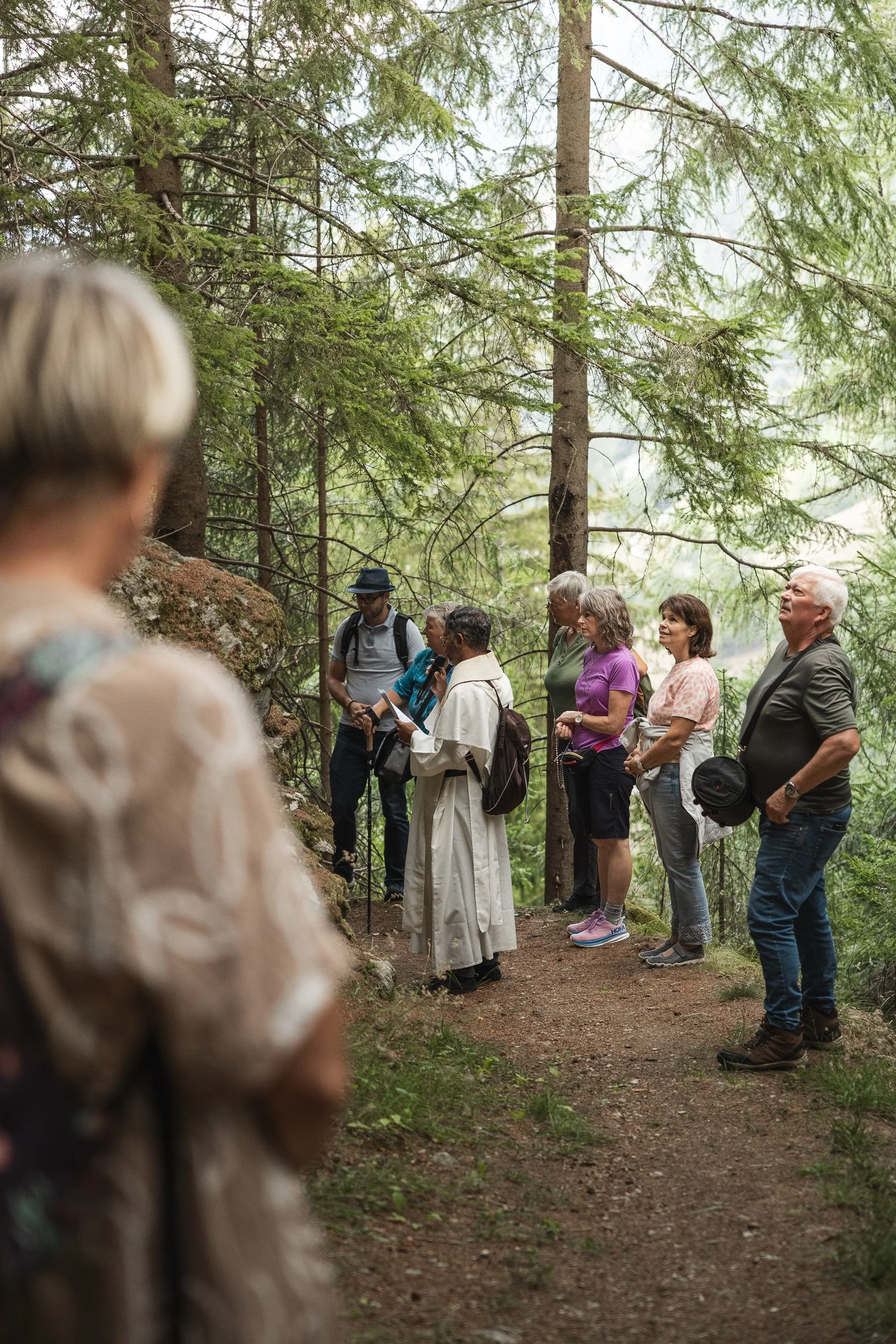 Gruppen von Menschen bei einer Führung in einem Wald, mit einer Frau in Weiß, die spricht, und anderen Zuhörern.
